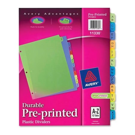 Avery Dennison Avery Preprinted Plastic Divider, Printed A to Z, 8.5"x11", 12 Tabs, Yellow/Assorted 11330